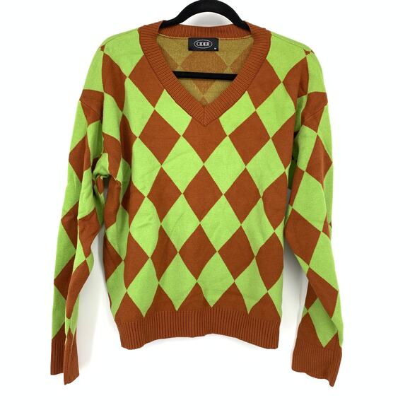 Cider Pullover Crew Neck Diamond Print Sweater Womens Size Medium Brown Green - Picture 1 of 5